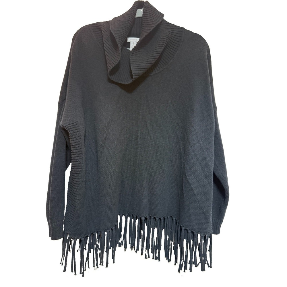 Chicos Black Fringe Cowl Neck Sweater Poncho XL Cotton Nylon Blend Knit Boho